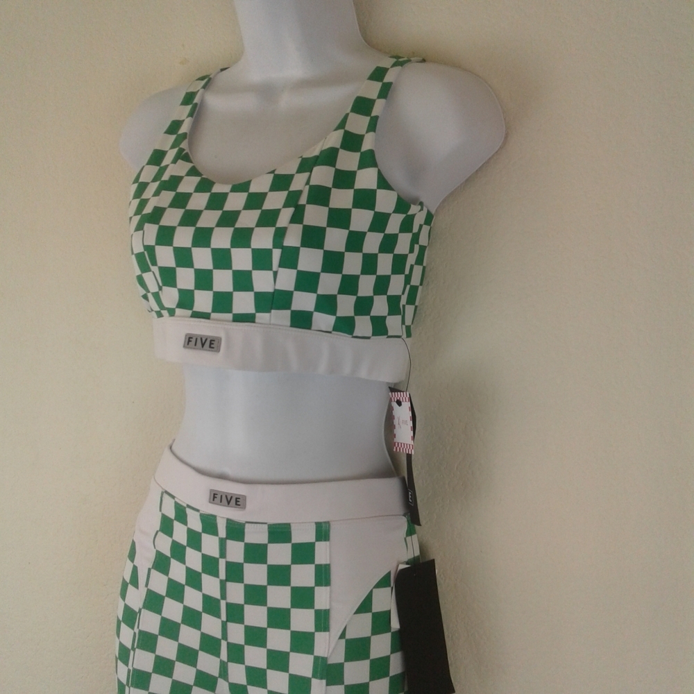Five the Label Checkered Active Set Green Sports Bra & Biker Shorts S/M NWT - Picture 3 of 14